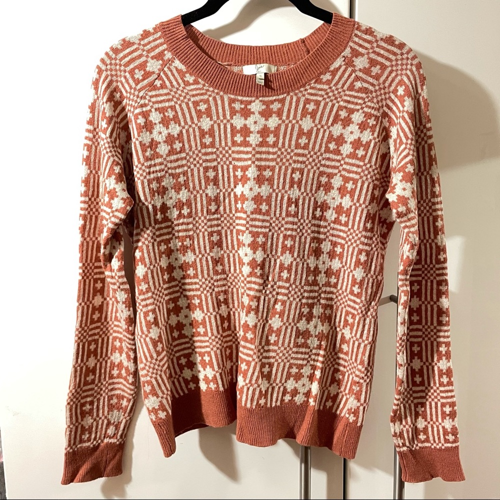 wool sweater pullover aztec printed brick clay